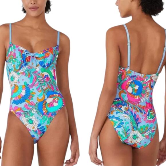 KATE SPADE Cinch Tie Front‎ Soft Underwire Cups Swimsuit in Spring Water  XL NEW - Picture 1 of 15